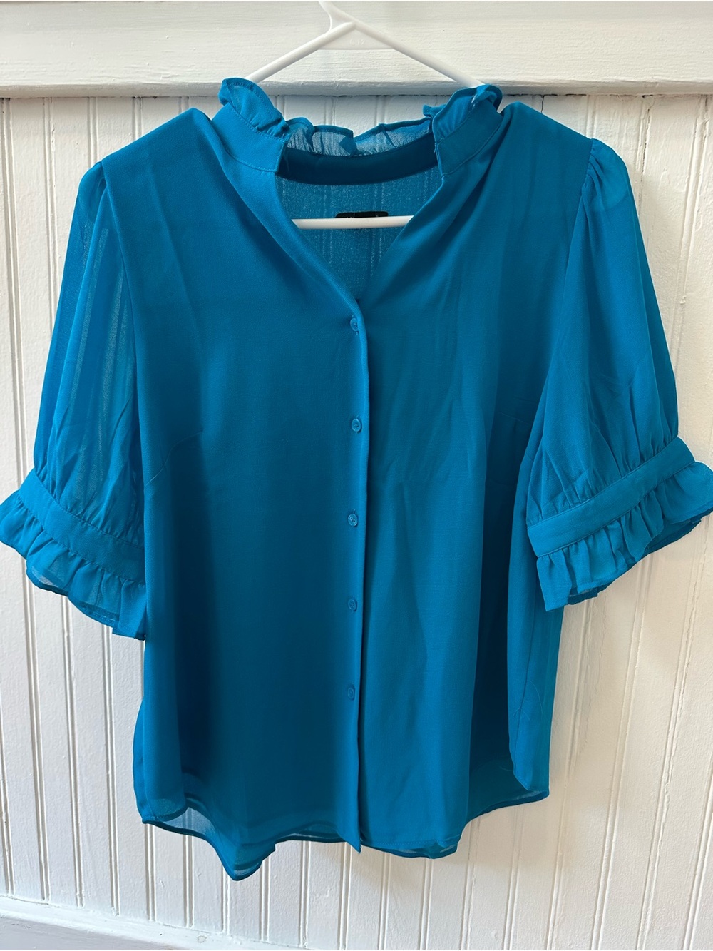 Ann Taylor Teal Ruffle Collar Button-Front Blouse - Women